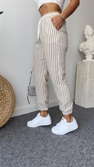 Bej Çizgili Keten Jogger Pantolon