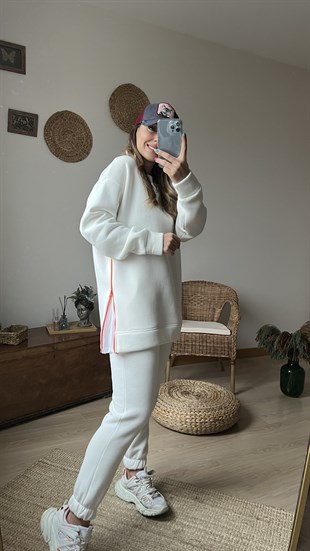 Yanı Fermuar Detaylı Salaş Beyaz Sweat	