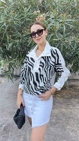 Gold Düğme Zebra Desenli Poplin Sweat