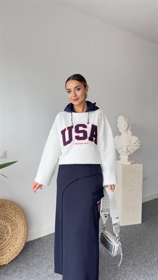 Paraşüt Kapüşon Detaylı Beyaz Sweat