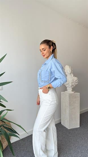 Valero Sırt Yazı Ve Taş Detaylı Mavi Gömlek