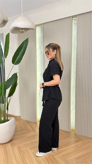 Siyah Lendis Kuşaklı Keten Takım