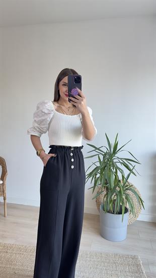 Yüksek Bel Düğmeli Siyah Keten Pantolon