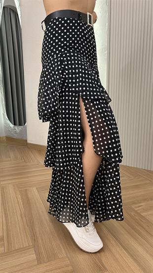 Geisa Yırtmaç Detaylı Puantiyeli Şifon Etek