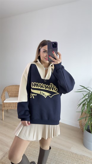 Lacivert Bej Baskılı Sweatshirt