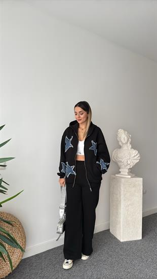 Denim Yıldız Detaylı Siyah Tasarım Takım