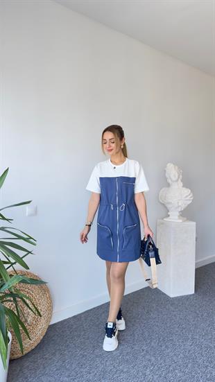 Derno Tshirt Detaylı Mavi Gabardin Elbise 