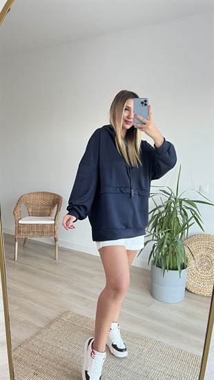 Lacivert Oversize Kapüşonlu Sweat