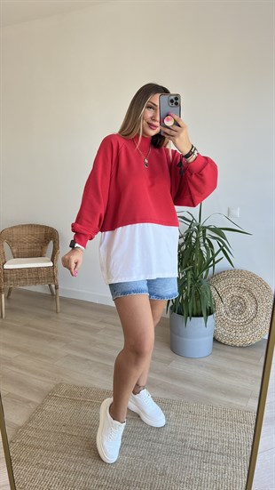 Balıkçı Yaka Tshirt Detaylı Kırmızı Sweat