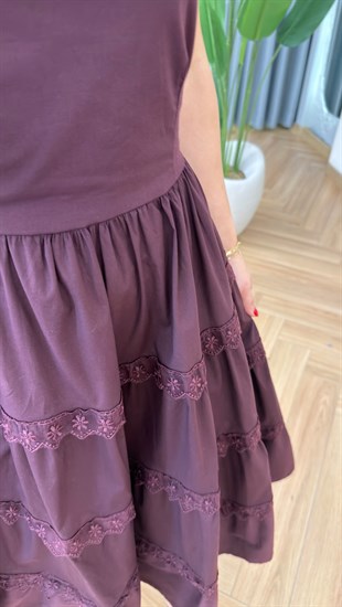 Bordo Forte Dantel Garnili Askılı Elbise 