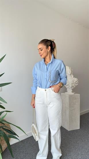 Valero Sırt Yazı Ve Taş Detaylı Mavi Gömlek