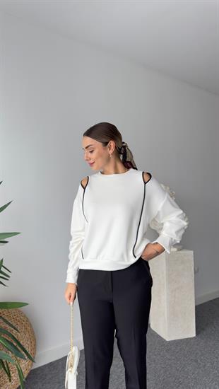 Nella Omuz Pencereli Biyeli Beyaz Modal Sweat