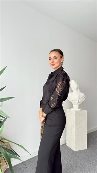 Siyah Frey Dantel Detaylı Gömlek