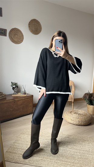 Beyaz Şerit Detaylı Oversize Triko