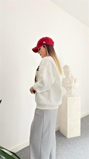Poodle Teddy Baskılı Beyaz Sweatshirt