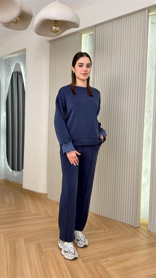 Lacivert Kolları Büzgü Ekose Detay Modal Takım