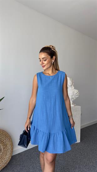 Kendy Etek Ucu Fırfırlı Mavi Keten Elbise