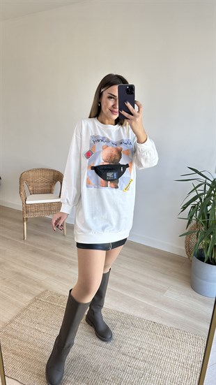 Aksesuarlı Ayıcık Baskı Sweatshirt