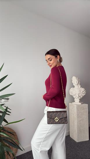 Gold Kalp Düğmeli Bordo Yumoş Hırka