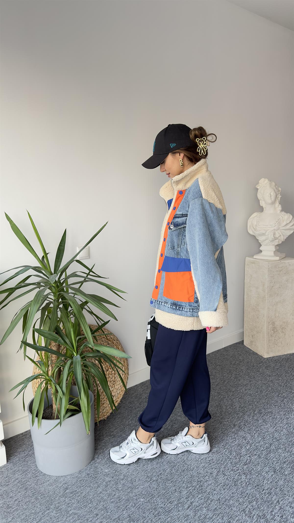 Denim Mix Turuncu Detay Peluş Mont 