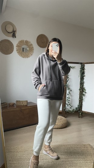 Gri Kapüşonlu Polar Sweat