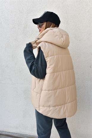 Bej Oversize Kapüşonlu Yelek 