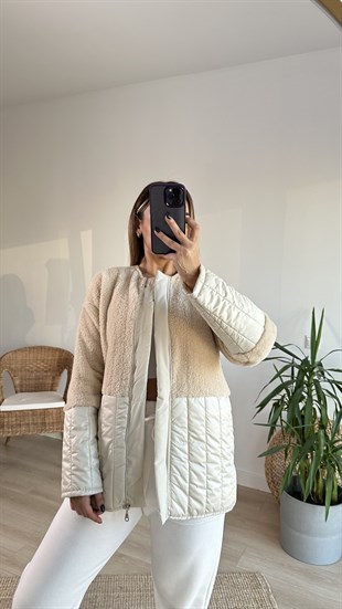 Kapitone Detaylı Bej Polar Mont
