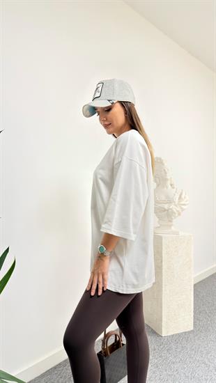 Beyaz Dera Bisiklet Yaka Basic Tshirt