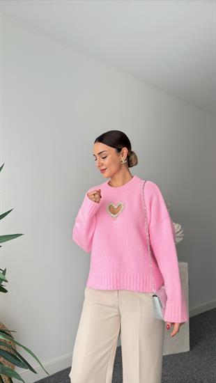 Pembe Ön Taşlı Kalp Detaylı Triko Kazak