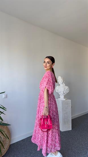 Pembe Çiçek Desen Bel Büzgü Maxi Elbise 