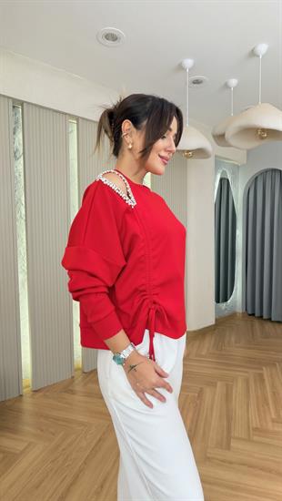Kırmızı Taş Detay Büzgülü Modal Sweat