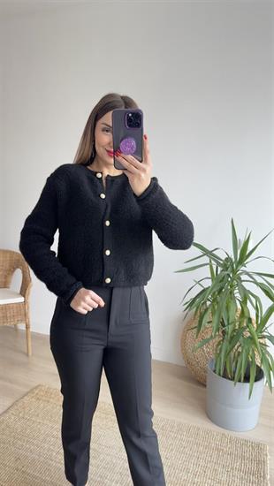 Gold Düğme Siyah Teddy Hırka