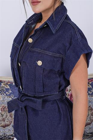 Nesha Gold Düğmeli Kuşaklı Jean Yelek