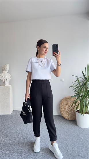 Sheer Nakışlı Beyaz Basic Tshirt