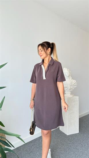 Kahve Polo Yaka Şerit Detay Modal Elbise 