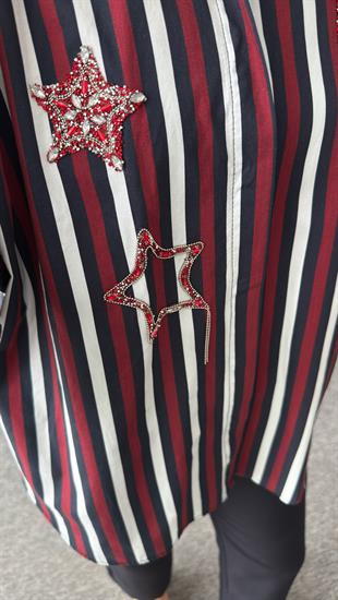 Bordo Çizgili Yıldız Taşlı Gömlek