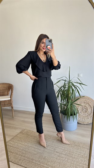 V Yaka Siyah Şifon Bluz 
