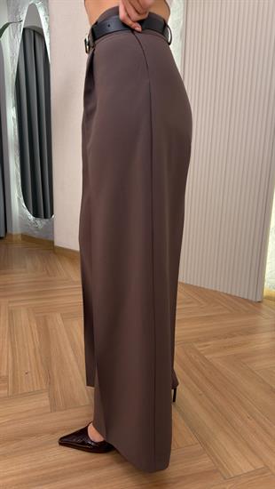 Kahve Madia Kemerli Pile Detay Pantolon