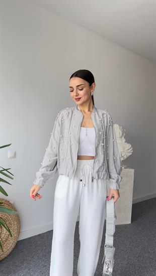 New İncili Gri Bomber Ceket