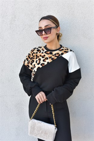 Siyah Üç Parçalı Leopar Detay Sweat