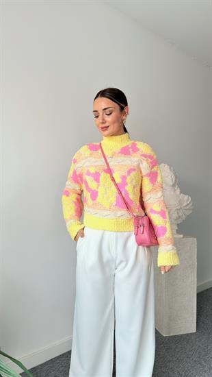 Sarı Pembe Renk Geçişli Örgü Triko Kazak