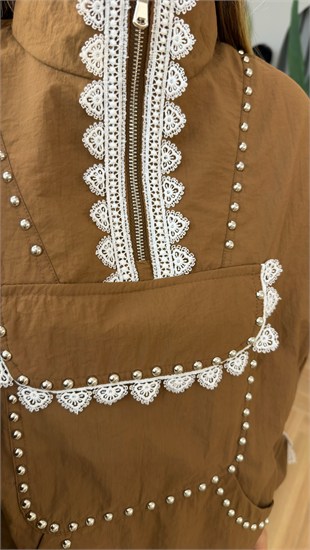 Camel Dantel Detaylı Astarlı Tasarım Sweatshirt