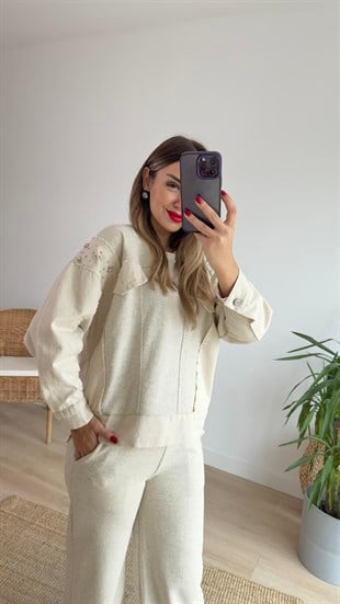 Taş Detaylı Tasarım Bej Takım