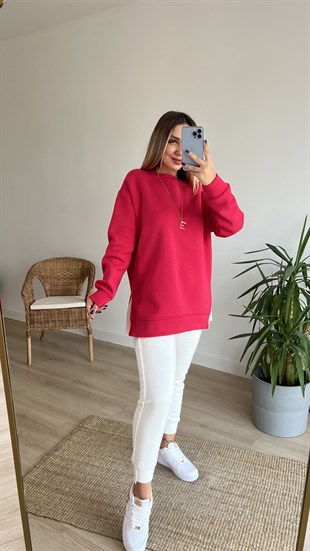 Yanı Fermuar Detaylı Salaş Fuşya Sweat