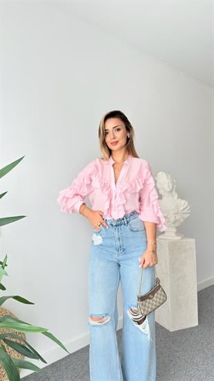 Pembe Fırfırlı Taş Detaylı Gömlek