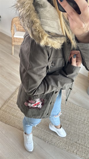 Nakış İşleme Detaylı Haki Mont