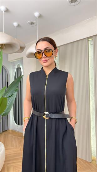 Siyah Wispera Boydan Fermuarlı Elbise 