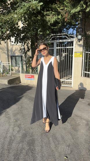 Beyaz Şerit Detaylı Elbise 