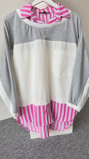 Çizgili Pembe Gömlek Detay Garnili Sweat