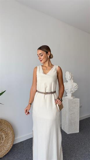 Marti V Yaka Astarlı Bej Keten Elbise